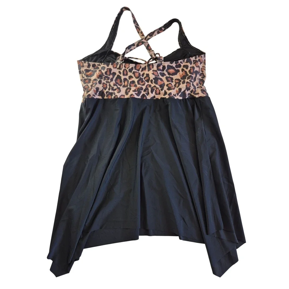 Daci‎ Leopard Print Asymmetrical Swim Dress Top Black Tan Animal Print 24W